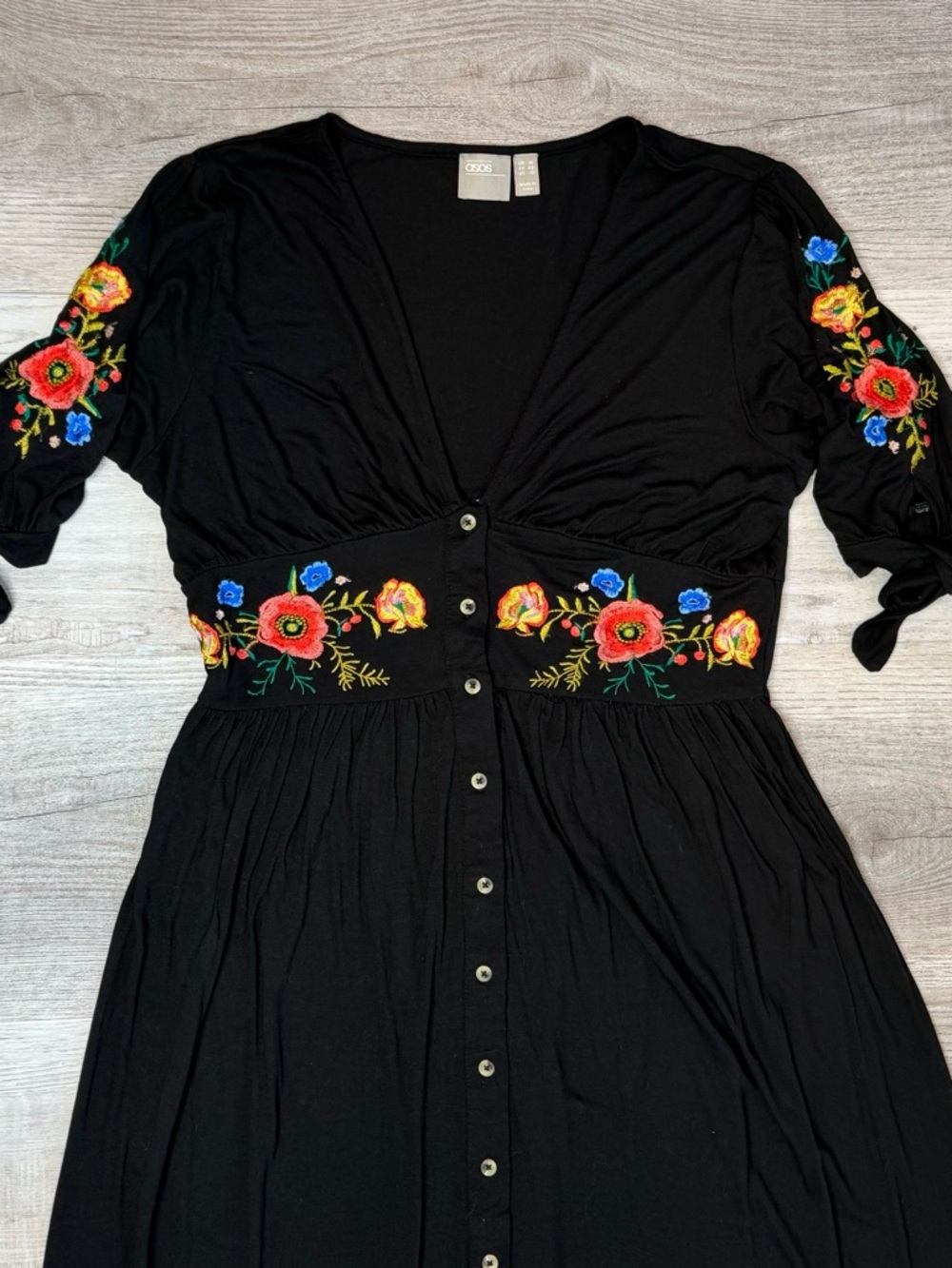 ASOS DESIGN Embroidered Midi Button Through Tea Dress Black Fit & Flare Size 10 - Picture 6 of 15